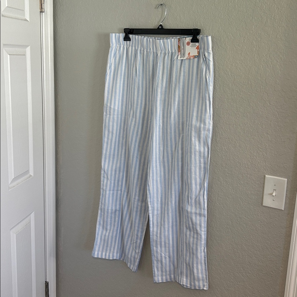 Blue and White linen blend Striped Pants - Picture 3 of 8